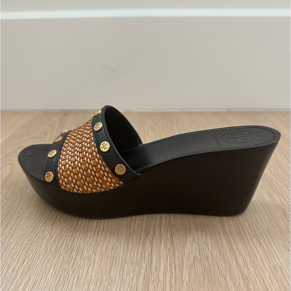 Tory Burch black and gold wedge sandals